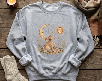 Whimsical Bunny Sun Moon Floral Crewneck Sweatshirt | Meadow Illustration Graphic Tee