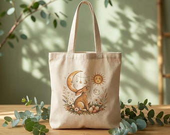 Moon Rabbit Tote Bag | Celestial Sun, Floral, Eggs