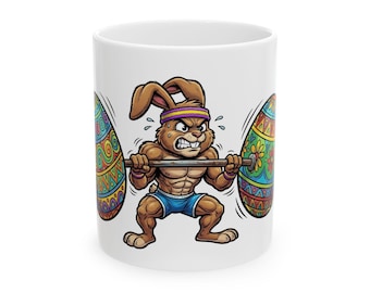 Muscular Easter Bunny Weightlifting Mug | Funny Bunny Barbell Coffee Cup