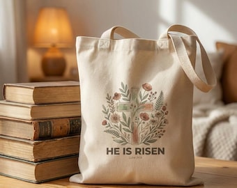 He Is Risen cross floral tote bag | Easter religious canvas tote