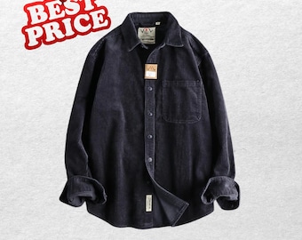 Vintage Corduroy Button Down Shirt Men Casual Long Sleeve Soft Cotton Oversized Streetwear Top