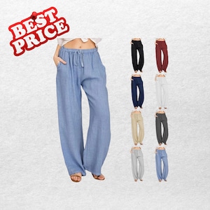 Puede incluir: Pantalones de lino azul claro con cintura con cordón y bolsillos. La imagen también muestra varios otros pantalones en diferentes colores, incluyendo negro, azul marino, blanco, beige, gris y azul claro. Las palabras "BEST PRICE" están en una pancarta roja.