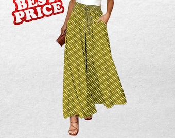 Bohemian Wide-Leg Pants with Elastic Waist and Polka Dot Print for Women – Perfect for Spring and Summer
