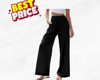 Damen Leinen Palazzo Hose mit weitem Bein Hohe Taille Kordelzug Sommer Freizeithose Mit Taschen