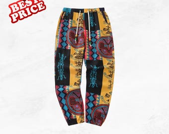 Pantalones deportivos de lino y algodón estilo boho tribal para hombre, ligeros, con cordón ajustable y bolsillos, ideales para el verano.