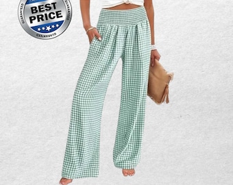 Women's Casual Checkered Wide Leg Pants, Loose Fit, Comfortable Cotton & Hemp Blend, Mid Waist Style