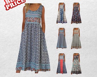 Bohemian Floral Midi Sundress With Pockets Loose Flowing Casual Beach Summer Dress for Women