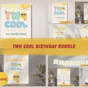 Puede incluir: Un conjunto digital para fiesta de cumpleaños con el texto Two Cool, un sol amarillo y un emoji con gafas de sol. El set incluye invitaciones, un cartel de bienvenida, una pancarta, un cartel de hitos y etiquetas de agradecimiento en tonos pastel.