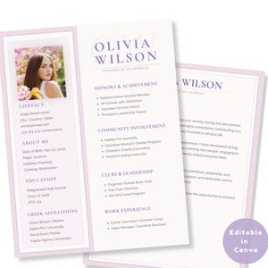 May include: A resume template with a photo of a woman, in a light purple and white design. The resume includes sections for contact information, education, and work experience. The text "Editable in Canva" is in the bottom right corner.