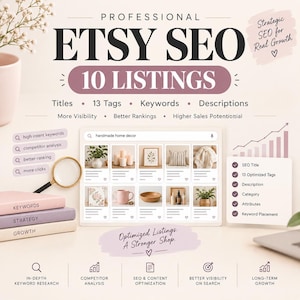 May include: A digital graphic titled Professional Etsy SEO 10 Listings featuring a search bar with handmade home decor results, a magnifying glass, stacked books labeled Keywords, Strategy, Growth, and a checklist of SEO optimization services.