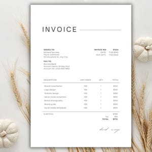 May include: A clean, minimalist invoice template with the word "INVOICE" at the top. The document includes sections for the invoice number, date, and due date. It lists services like brand consultation and logo design.
