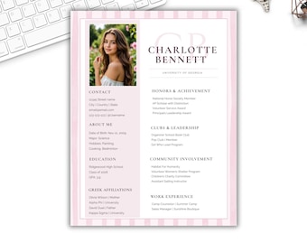 Plantilla de currículum para hermandad con foto y carta de presentación / Currículum para el proceso de selección de nuevas miembros / Diseño rosa editable en Canva, listo para el reclutamiento, CV femenino floral