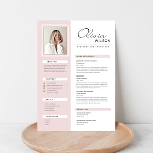 May include: A resume template with a photo, the name "Olivia Wilson", and the title "Designer and Architect". The resume has sections for work experience, skills, and education. The design is primarily white and light pink.