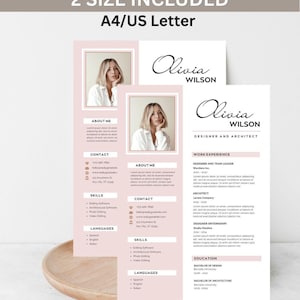 May include: A set of resume templates in A4/US Letter sizes. The design features a soft pink color scheme with a photo of a woman. The text includes the name "Olivia Wilson", contact information, skills, and work experience.