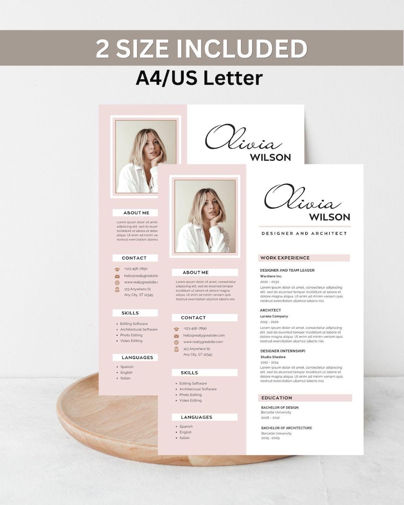 May include: A set of resume templates in A4/US Letter sizes. The design features a soft pink color scheme with a photo of a woman. The text includes the name "Olivia Wilson", contact information, skills, and work experience.