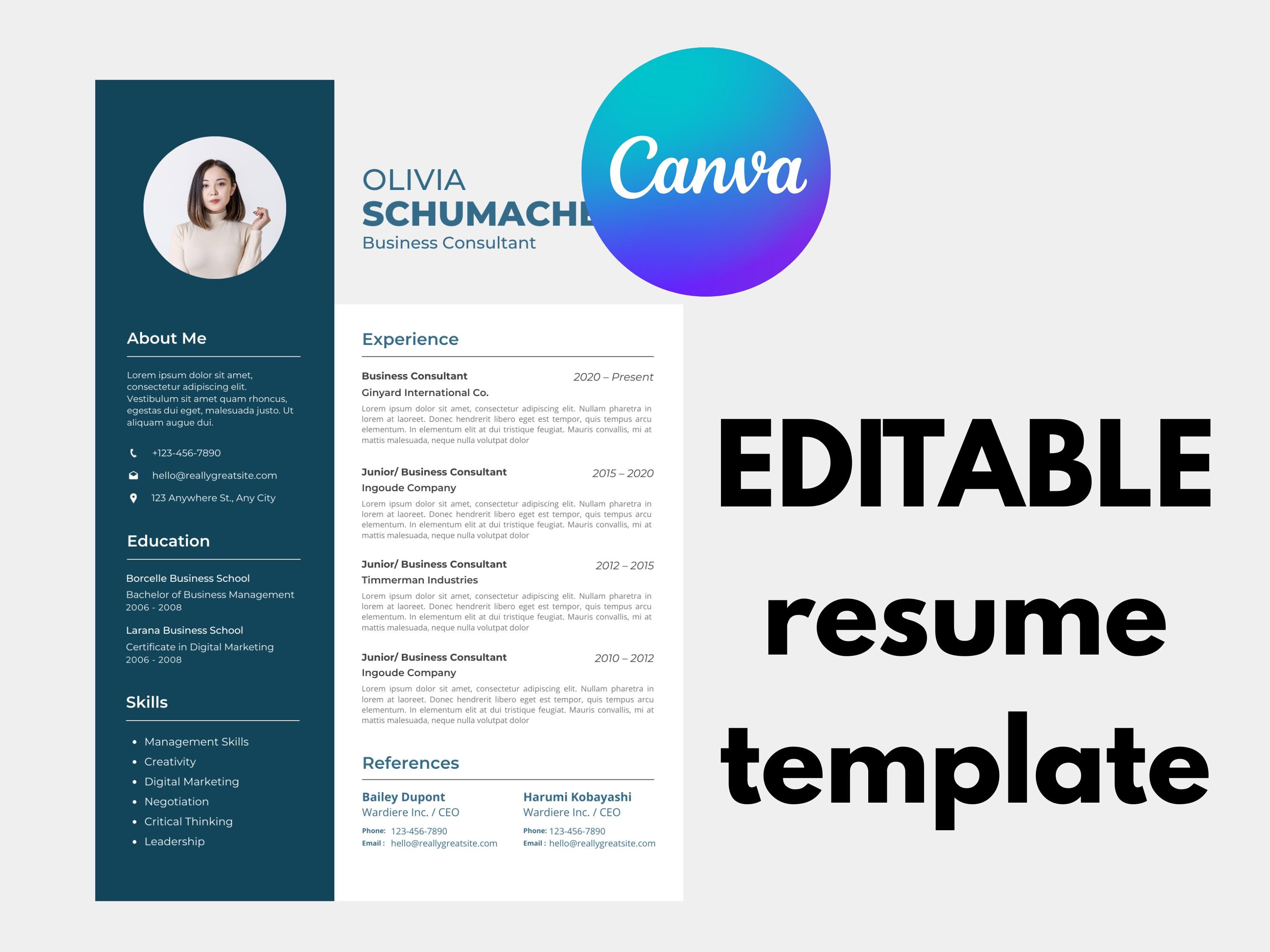 Modern Resume Template Simple | Clean CV Template | Canva Editable ...