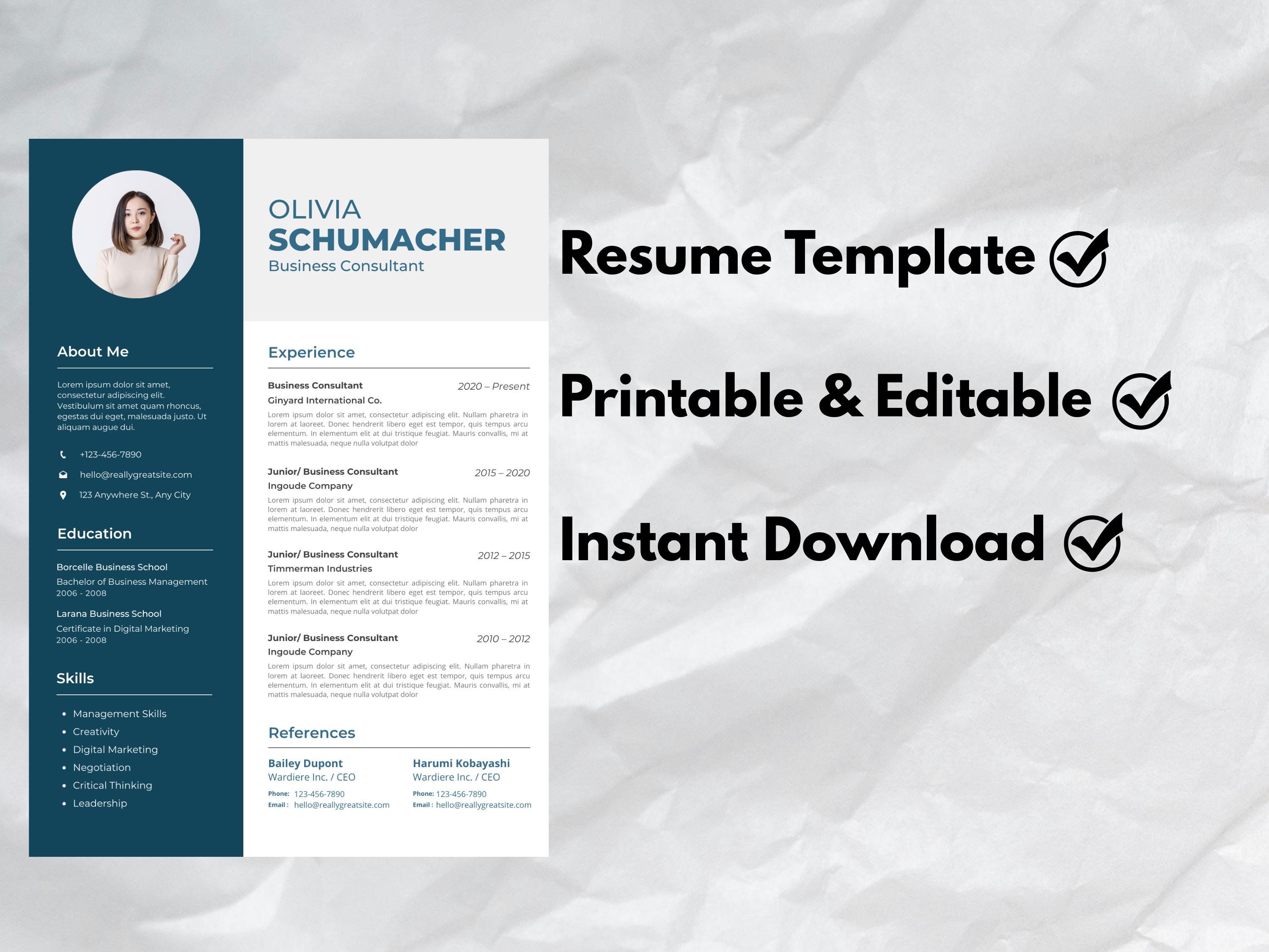 Modern Resume Template Simple | Clean CV Template | Canva Editable ...