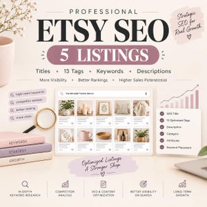 May include: A digital graphic titled Professional Etsy SEO 5 Listings featuring a search bar with handmade home decor results, a magnifying glass, stacked books labeled Keywords, Strategy, Growth, and a checklist of SEO optimization steps.
