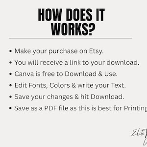 May include: A cream-colored graphic with the text "HOW DOES IT WORKS?" in bold black letters. Below, bullet points detail the process: purchase on Etsy, download link, Canva use, edit text, save changes, and save as PDF. The Elite Templates Crafts logo is at the bottom.