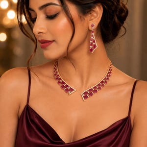 Luxury Ruby CZ Necklace Set | Gold Statement Bridal Jewelry | Designer Wedding Necklace & Earrings