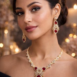 May include: A gold-toned necklace and matching drop earrings set featuring teardrop-shaped red stones and clear pavé crystals. The necklace has a central pendant design with multiple red stones, while the earrings mirror the teardrop motif.