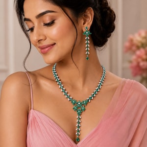 Luxury Emerald Green CZ Bridal Necklace Set with Long Earrings | Elegant Statement Jewelry Set for Wedding & Party Wear