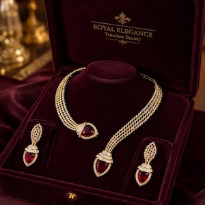 Könnte beinhalten: Ein goldenes Halsketten- und Ohrring-Set mit roten Edelsteinen und klaren Akzentsteinen, präsentiert in einer bordeauxroten Samt-Schmuckschatulle. Die Schatulle ist geöffnet und zeigt das aufwendige Design des Sets. Der Text "ROYAL ELEGANCE Timeless Beauty" ist sichtbar.