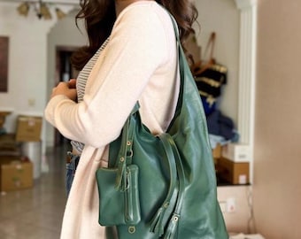 Elegant Green Leather Shoulder Bag for Women Handmade Genuine Leather Purse, Stylish Everyday Tote,Minimalist Crossbody Handbag,