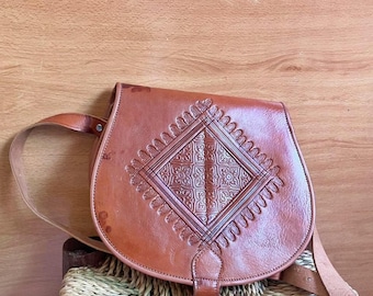 Handmade Moroccan Leather Crossbody Bag ,Artisan Shoulder Bag for Women, Traditional Embossed Design, Vintage Boho Style