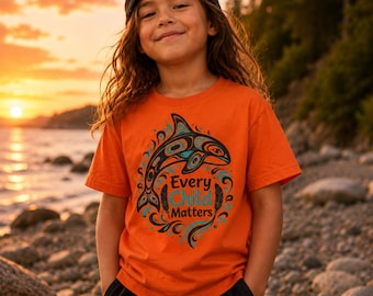 Every Child Matters Orca kids t-shirt | Indigenous awareness orange tee