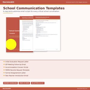 Könnte beinhalten: Digitaler Download "Schulkommunikationsvorlagen" mit sechs anpassbaren E-Mail-Skripten. Die Vorlagen umfassen Briefe für erste Bewertungen, IEP-Meetings und mehr. Das Design ist in Rot- und Weißtönen gehalten, mit dem Text "US LETTER 8.5x11" (21,6 x 27,9 cm).