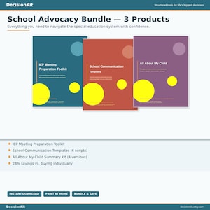 May include: School Advocacy Bundle with three products. The bundle includes an IEP Meeting Preparation Toolkit, School Communication Templates, and an All About My Child Summary Kit. The products are in teal, red, and purple with yellow and light purple circles.