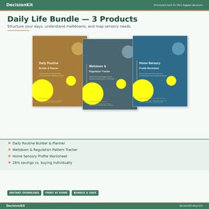 Op de afbeelding: De afbeelding toont een "Daily Life Bundle" van drie producten: een Daily Routine Builder & Planner, een Meltdown & Regulation Tracker en een Home Sensory Profile Worksheet. Elk product heeft een uniek kleurenschema, tekst en gele cirkels. De bundel belooft 28% korting.