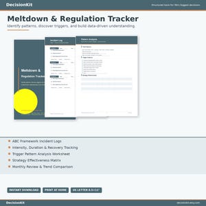 May include: A digital download titled "Meltdown & Regulation Tracker" with the text "Identify patterns, discover triggers, and build data-driven understanding." The image shows worksheets for incident logs, pattern analysis, and strategy effectiveness. The size is US Letter 8.5x11 inches.