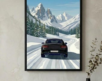 Winter Mountain Drive, Black German Coupe Art Print (Digital Download)