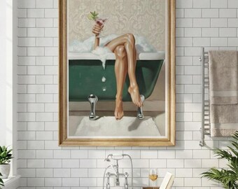 Emerald Green Bathtub Print | Woman Legs, Cocktail, Bubbles Art (Digital Download)