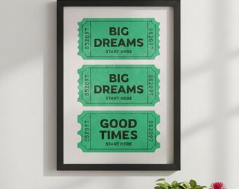 Vintage Ticket Print | Big Dreams Motivational Typography (Digital Download)
