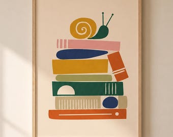 Snail on Books Print, Minimalist Kids Wall Art, Nursery Poster (Digital Download)