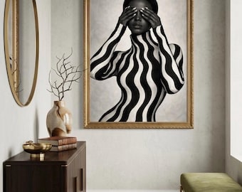 Black & White Abstract Portrait Woman Covering Eyes – Minimalist Modern Art Print