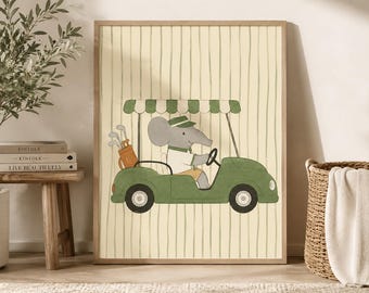 Vintage Elephant Golf Cart Print, Safari Nursery Wall Art (Digital Download)