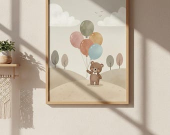 Teddy Bear with Balloons Nursery Print, Pastel Colors (Digital Download)