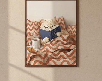 Gemütliche lesende Katze Print – Katze mit Buch, Kaffee, Croissant Hygge Deko (Digitaler Download)