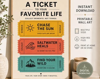 Travel Ticket Wall Art, Motivational Adventure Print, Vintage Colorful Decor (Digital Download)