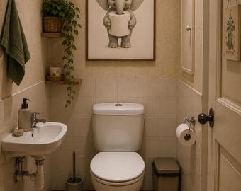 Baby Elephant Toilet Paper Art Print | Humorous Bathroom Wall Decor (Digital Download)