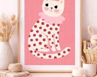 Red Polka Dot Cat Art Print, Pink Nursery Decor, Mid Century Modern Kids Art (Digital Download)