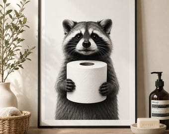 Raccoon Toilet Paper Bathroom Art Print | Minimalist Animal Wall Decor (Digital Download)