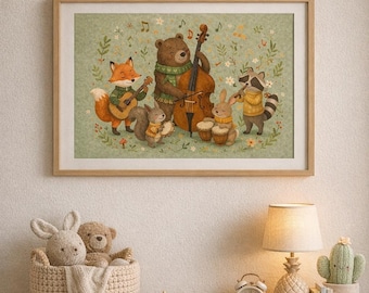 Woodland Animal Orchestra Print, Forest Music Nursery Wall Art (Digital Download)