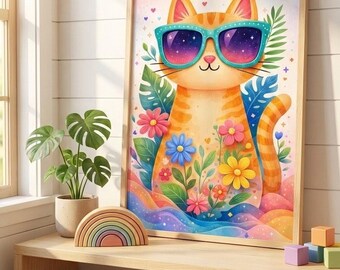 オレンジ色のぶち猫のアートプリント、星空のサングラス、花柄の保育園ポスター（デジタルダウンロード）