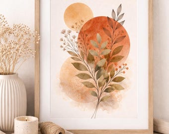 Boho Botanical Wall Art, Terracotta Abstract Leaves Poster, Earth Tone Home Decor