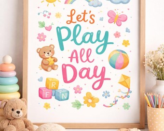 Let's Play All Day Poster, Scandinavian Pastel Kids Room Art (Digital Download)